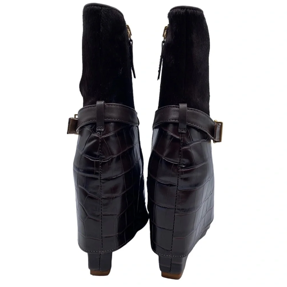 Schutz Boot Jorian Brown Leather Croc Embossed Point Toe Mid Calf Designer_7